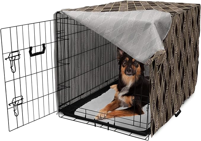 Lunarable Contemporary Brown Dog Crate Cover, Rhomb Check Pattern with Animal Skins, Easy to Use Pet Kennel Cover for Medium Large Dogs, 36 Inch, Umber Dark Brown