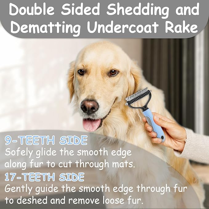 7 Pack Pets Grooming Brush Comb Kit,Double-Side Deshedding Dematting Dog Brush,Undercoat Rake for Dogs & Cats,with Metal Comb,Flea Comb,Open Knot Comb,Fine-Teeth Comb,Tear Stain Remover Comb
