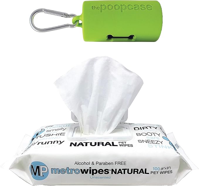 MetroPaws Unscented Dog Wipes, 100 Extra Large, Thick Cleaning Wipes & The Dog Waste Bag Dispenser & Holder, Bag Holder With 20 Bags for Leash - Lime