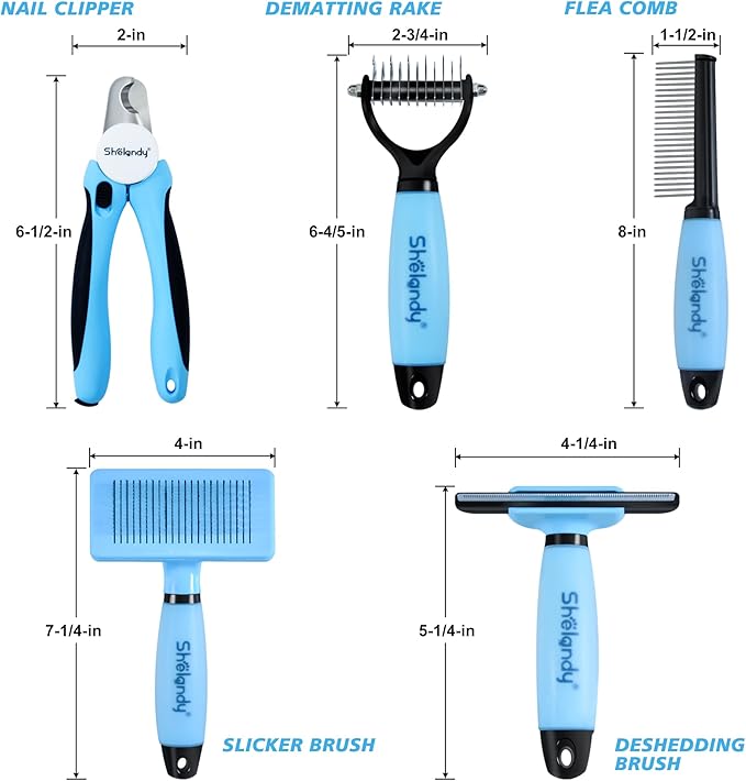SHELANDY Groomer Partner Pet Grooming Kit, 5-Piece Set with Aluminum Case, Includes Slicker Brush, Undercoat Rake, DeShedding Tool, Flea Comb, Nail Clipper