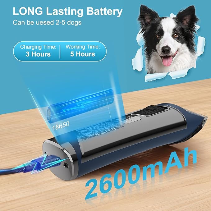 Dog Clippers for Grooming Low Noise - 5 Speed Dog Grooming Clippers with LCD Display, Cordless Pet Hair Clippers Trimmer for Dog & Cat, High Power, Blue