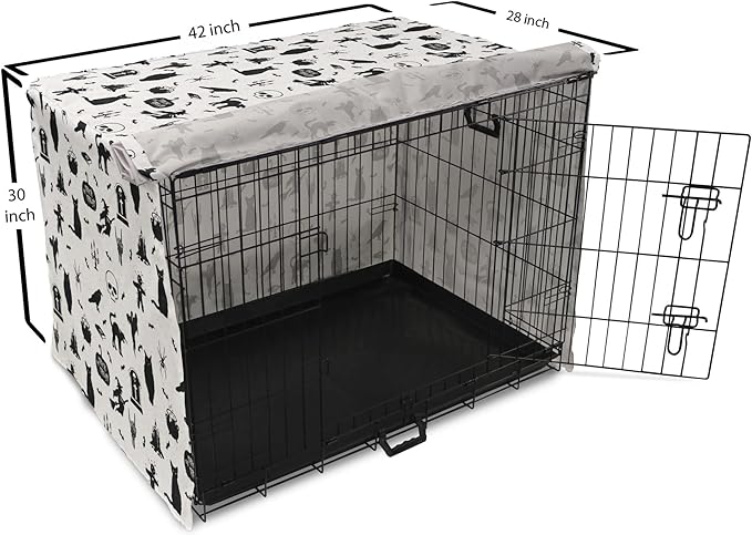 Lunarable Halloween Dog Crate Cover, Horror Pattern Tombstone Kitty Owl Voodoo Trick or Treat Pumpkin, Easy to Use Pet Kennel Cover for Medium Large Dogs, 42 Inch, Grey Black Charcoal