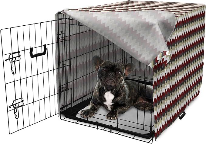 Lunarable Chevron Dog Crate Cover, Chevron Pattern with Vivid Color Scheme Stripes Design Modern Geometric, Easy to Use Pet Kennel Cover for Cats & Medium Dogs, 24 Inch, Burgundy Grey Eggshell