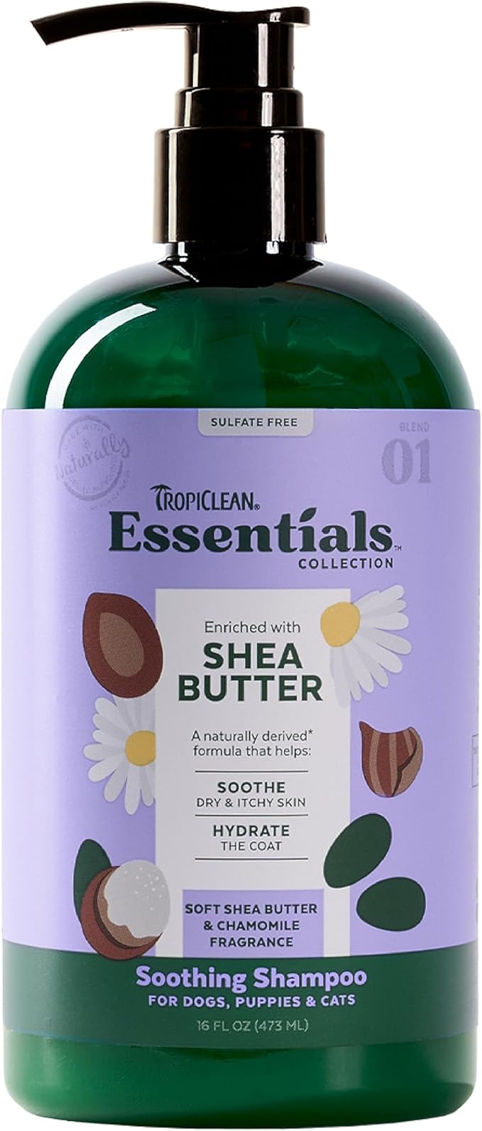 TropiClean Essentials Shea Butter Shampoo for Dogs | Puppies & Cats | Soothe Dry & Itchy Skin | Hydrate The Coat | Derived from Natural Ingredients