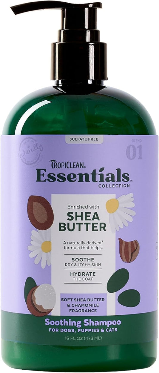 TropiClean Essentials Shea Butter Shampoo for Dogs | Puppies & Cats | Soothe Dry & Itchy Skin | Hydrate The Coat | Derived from Natural Ingredients