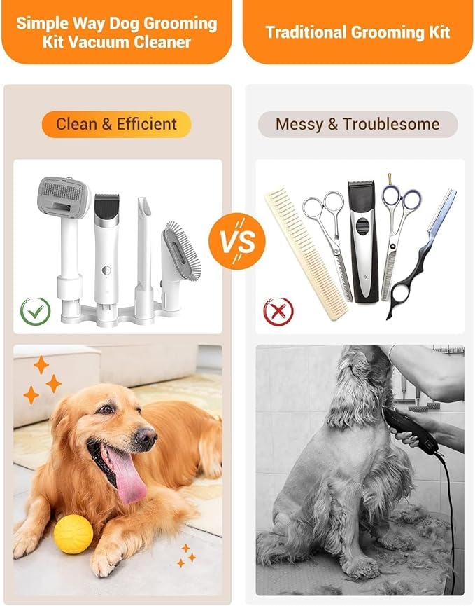 Dog Vacuum Grooming Kit for Shedding: Professional Hair Clippers Pet Groomer - Strong Suction Cleaner Deshedding Tool Fur Brush Attachment Trimmer for Home Cat (Off-White)
