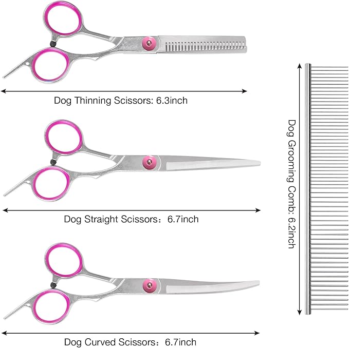 Premium Dog Grooming Scissors with Safety Round Tips, 5 in 1 Dog Grooming Scissors Kit, 4CR Stainless Steel Premium Pet Grooming Shears for Dog, Sharp and Durable, Pink
