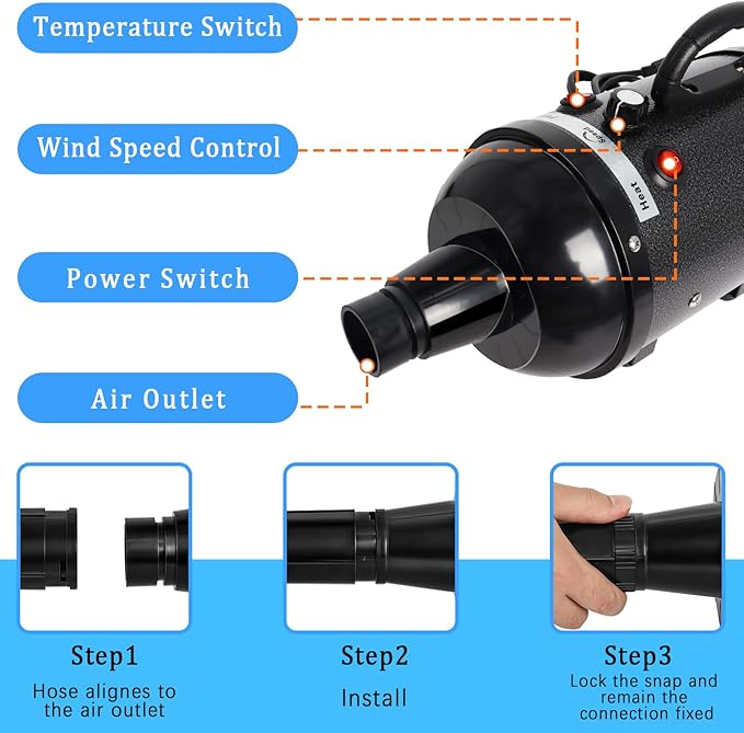 Large Dog Grooming Dryer - 5.2HP 3800W High Velocity Hair Dryer with Heater, Adjustable Temperature, and 4 Nozzles (Black)