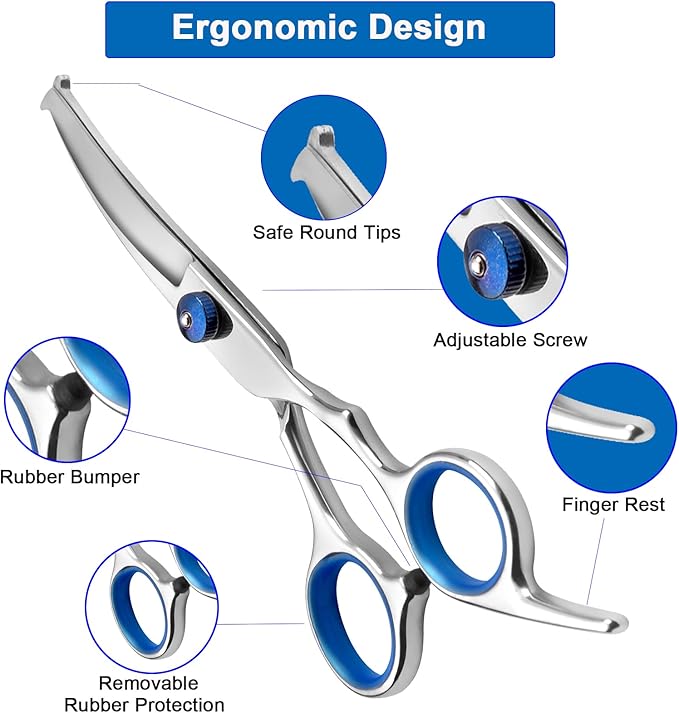 7PCS Dog Grooming Scissors Kit Professional Curved Dog Scissors for Grooming Safety Round Tip 4CR Coated Stainless Steel Heavy Duty Thinning Pet Shears Set for Dogs Cats