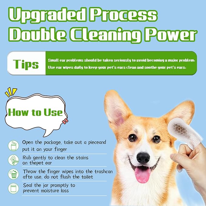 PET Ear Cleaner Finger Wipes, Ear Finger Wipes, Ear Cleaning Finger Wipes for Dogs & Cats, Gently Removes Dirt & Odor, Dissolves Wax Build-Up, Easy to Use, Natural Ingredients - 55 Count