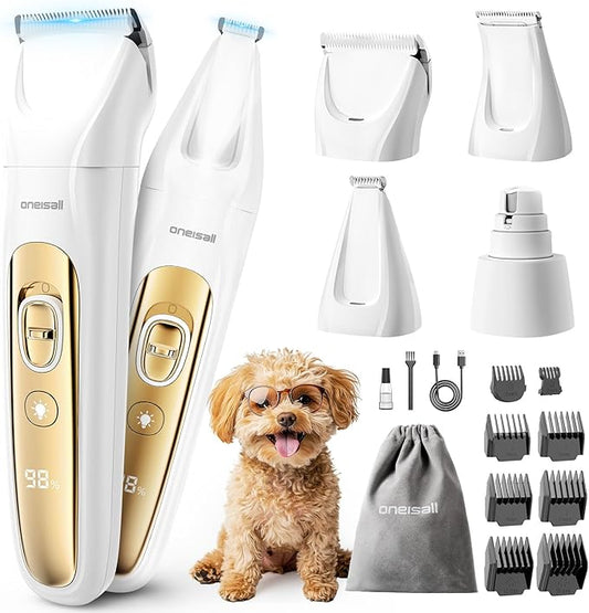 oneisall Quiet Dog Clippers for Grooming, LED Light Dog Paw Trimmer Nail Grinder, Rechargeable 2000mAh Pet Grooming Kit, Cordless Pet Clippers for Paw, Nail, Body