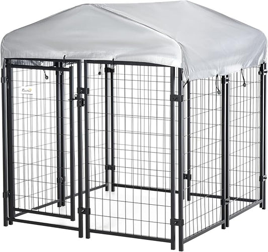 PawHut 4' x 4' x 4.5' Dog Kennel Outside, Dog Playpen Exercise Pen with Lockable Door, Water-Resistant Canopy, for Medium and Large Puppies
