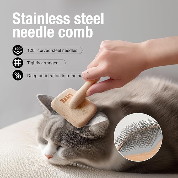 Slicker Brush Groom Like a Professinal Stainless Steel Pins, Lightweight Beech Wood Body, Ground and Polished Tips, Small Pet Bruch