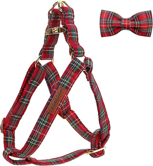 Unique style paws Red Plaid Dog Harness Adjustable Harnesses Durable Hardware with Bowtie for Small Medium Large Dog-Christmas Style-XS