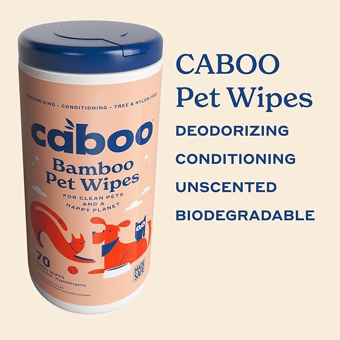 Caboo Tree Free Pet Wipes for Dogs & Cats, Natural, Deodorizing, Hypoallergenic Cleaning Wipes for Eyes, Ears, Paws, & Face (Unscented, 2 Canisters, Total of 140 Jumbo Wipe)