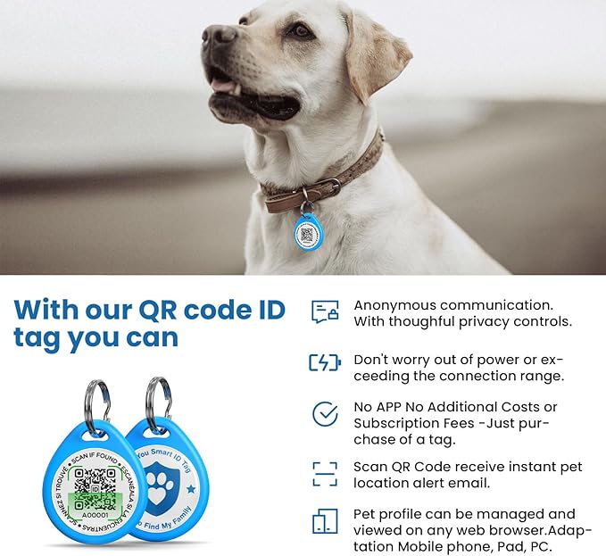 Dog Tags Personalized, QR Code Pet ID Tags for Dog Collar, Online Profile, Scan Location Alerts, Blue