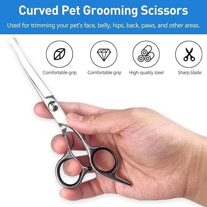 Professional Curved Dog Grooming Scissors with Rounded Tips, Cat Shears, 4CR Stainless Steel Curved Blades, Pet Home Grooming Tools