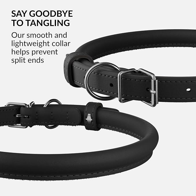 CollarDirect Rolled Leather Dog Collar, Soft Padded Round Puppy Collar, Handmade Genuine Leather Collar Dog Small Large Cat Collars 13 Colors (15-18 Inch, Black Smooth)