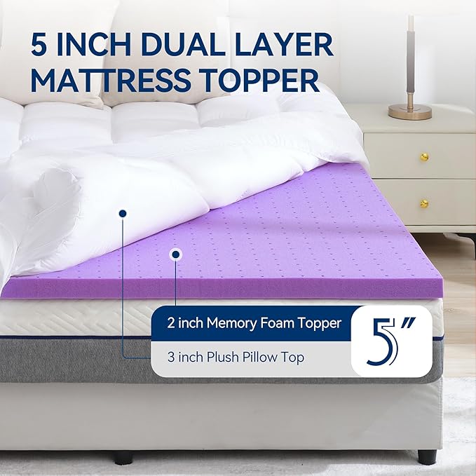 BDEUS Dual Layer 5 Inch Memory Foam Mattress Topper Twin XL Size for Dorm Room, 2 Inch Gel Memory Foam Plus 3 Inch 1450 GSM Pillow Top Mattress Pad Cover,College Dorm Essentials,White