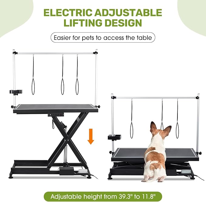PullaFun 50" Professional Dog Grooming Table,Heavy Duty X-Type Electric Lift Large Pet Grooming Table w/Aluminum Dog Grooming Arm,Anti Slip Tabletop,Tool Organizer/Dog Grooming Station(Black, 50")
