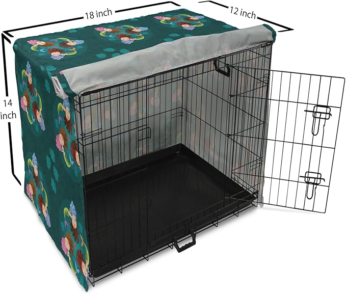 Lunarable Mermaid Dog Crate Cover, Smiling Happy Cheerful Mermaids with Seashells Scallops Exotic Waters Spirals, Easy to Use Pet Kennel Cover for Small Dogs Puppies Kittens, 18 Inch, Teal Multicolor