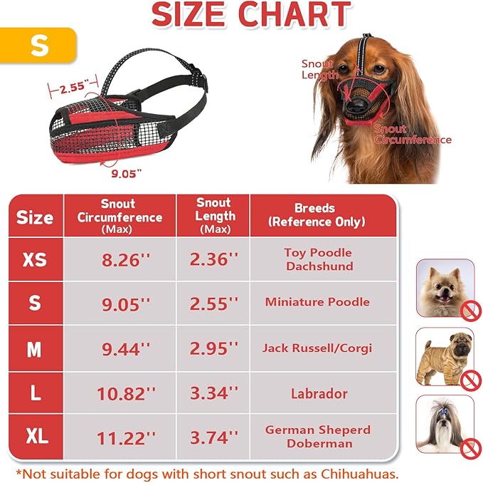 Dog Muzzle for Large Medium Small Dogs, Soft Mesh Muzzle for Dogs with Reflective Adjustable Strap, Prevent Biting Chewing and Licking, Dog Nose Open Design for Reduction Friction (Red, S)