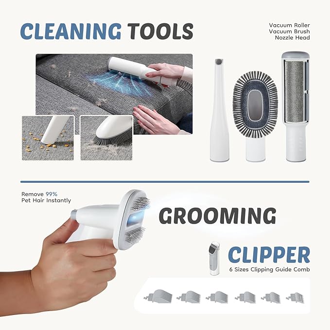 DUMOS 5-in-1 Cordless Pet Grooming Vacuum Kit - Ultra-Quiet Clippers, 2.5L XL Dust Cup, 3 Suction Modes & 5 Pro Tools for Dogs/Cats | Tangle-Free Grooming, All-in-One Cleaning (White)