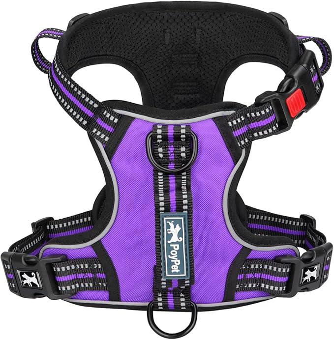 PoyPet No Pull Dog Harness, No Choke Front Clip Reflective Dog Vest with Soft Padded Vertical Handle, 3 Leash Attachments for Small Medium Large Dogs (Purple,S)