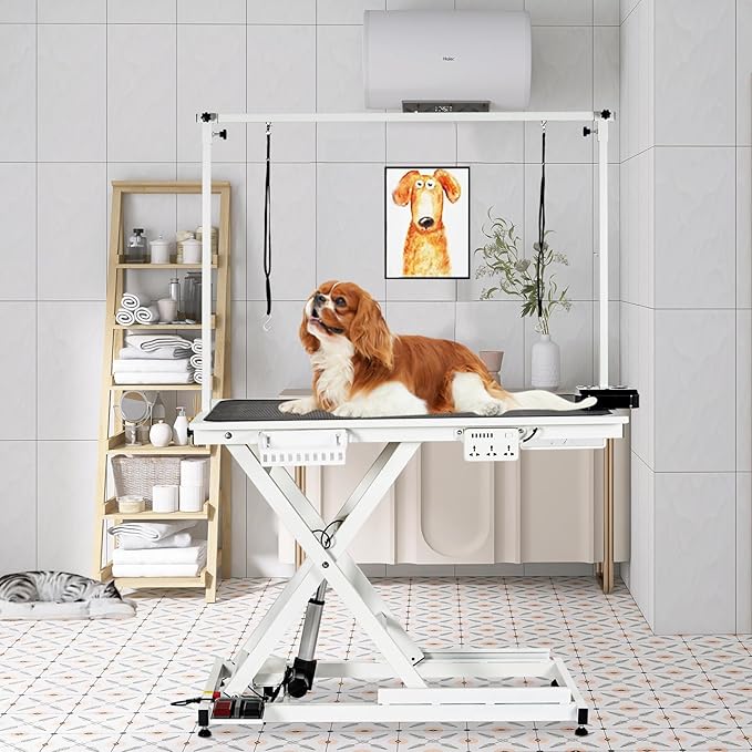 Professional Electric Dog Grooming Table Heavy Duty Pet Grooming Table Height Adjustable w/Leveling Wheels, Dog Grooming Arm, Anti Slip Tabletop &Tool Organizer, Dog Grooming Station 50" White