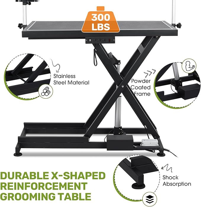 PullaFun 50" Professional Dog Grooming Table,Heavy Duty X-Type Electric Lift Large Pet Grooming Table w/Aluminum Dog Grooming Arm,Anti Slip Tabletop,Tool Organizer/Dog Grooming Station(Black, 50")