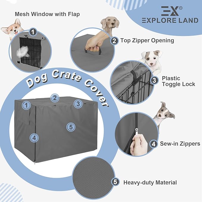 Explore Land 42 inches Dog Crate Cover Heavy Duty Polyester Pet Kennel Sunshade Universal Fit for Wire Cage (Grey)