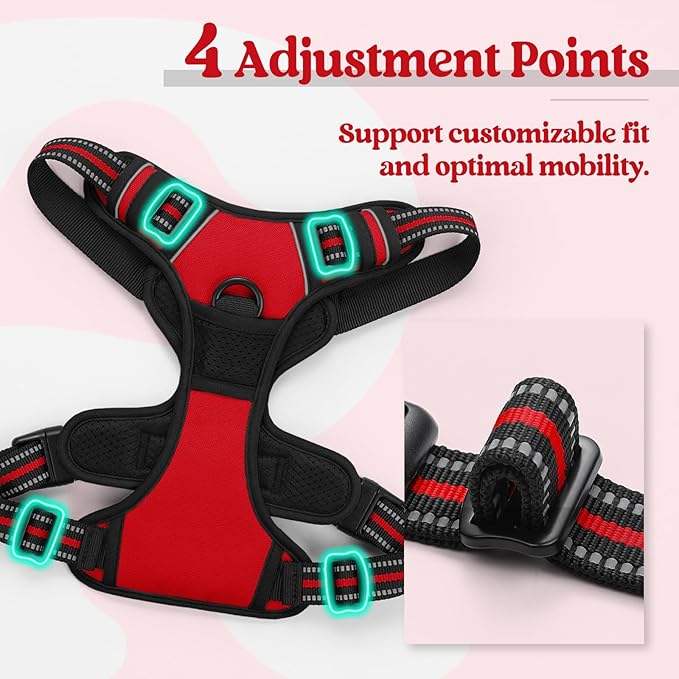 rabbitgoo Dog Harness, No-Pull Pet Harness with 2 Leash Clips, Adjustable Soft Padded Dog Vest, Reflective No-Choke Pet Oxford Vest with Easy Control Handle for Large Dogs, Red, XL