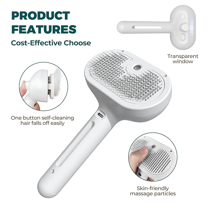 Tiny Hugs 4-in-1 Grooming Tool: Self-Cleaning Brush for Detangling Pet Fur, Steam Feature, and Bath Supplies