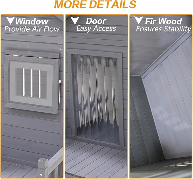 Outdoor Large Dogs House with Spacious Terrace,Open Waterproof Asphalt Roof Dog Kennel W/Breathable Window & 2 Feeding Stainless Bowls,Removable Floor Dog Cage for Large Dogs,Gray