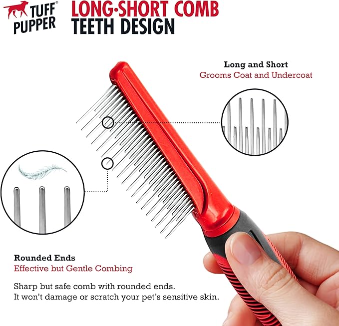 Tuff Pupper Dual Length Detangling Dog Comb | Short and Long Teeth Outer & Inner Coat | Ergonomic Pet Detangling Combs | No-Slip Safety Handle For Precision Control | Rounded Tips Prevent Scratching