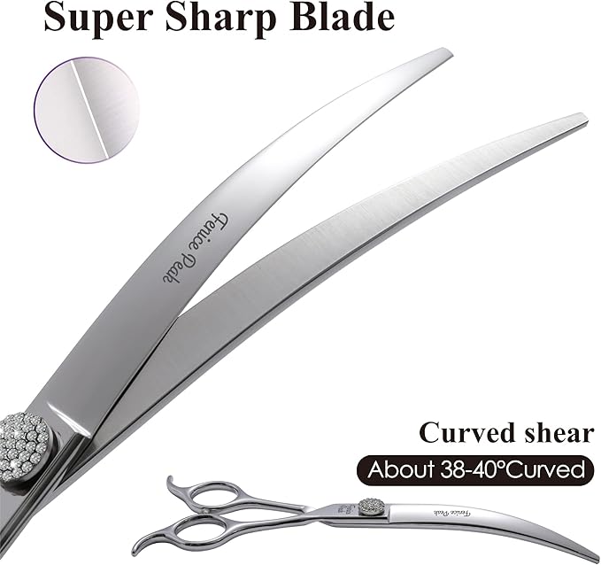 Fenice Peak 6.5‘’ Extra Curved Dog Grooming Scissors with Jewelled Screw 440C Stainless Steel Pet Grooming Bending Scissors with Symmetrical Handle for Professional Groomer and Home User