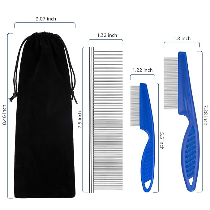 Flea Comb for Cats Dog Comb Lice Comb Metal Teeth Durable Tear Stain Dog Combs Remove Float Hair Combing Tangled Hair Dandruff Pet Comb Grooming Set 3 Pieces Add Storage Pouch (Blue)