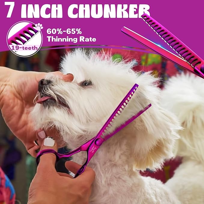 JASON Dog Grooming Scissors Set - Professional 6 in 1 Dog Shears Set - 7" Chunker, 7" Straight, 7" Up-Curved, 7" Down-curved Scissors and Comb for Cat Pet with Adjustable Screw