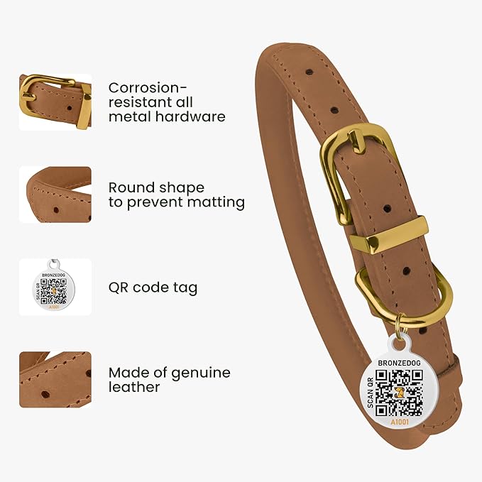 BRONZEDOG Rolled Leather Dog Collar with QR ID Tag Adjustable Soft Round Collars for Small Medium Large Dogs Puppy Cat (9" - 11" Neck Size, Light Brown)