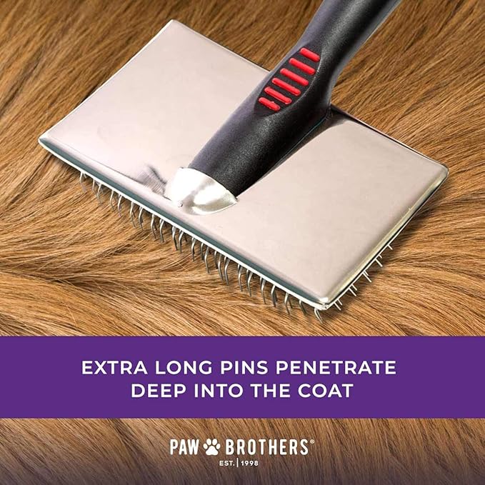 Paw Brothers Professional Grade Extra Long Slicker Brush - Ergonomic Handle, Removes Loose Undercoat and Tangles for Dogs