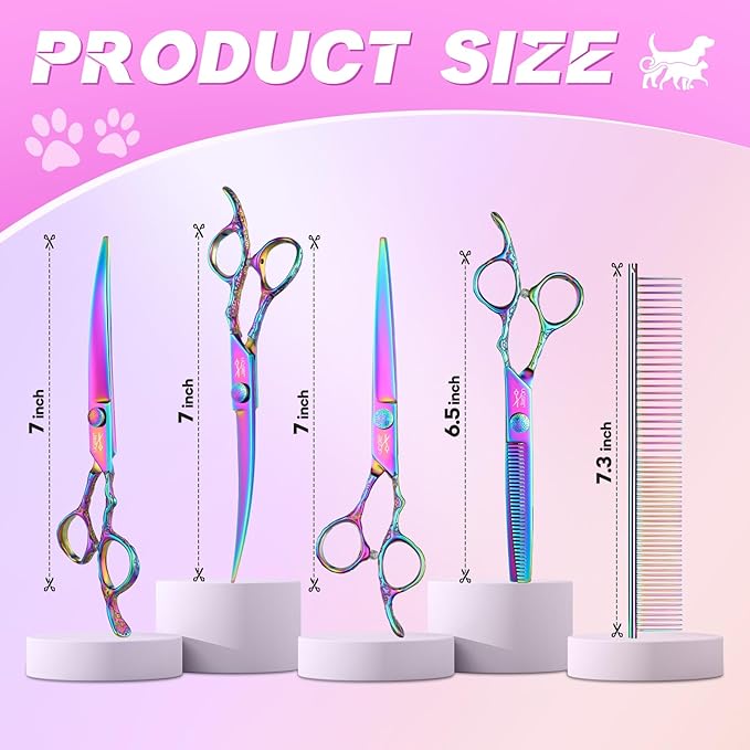 JASON Dog Grooming Scissors Kit, Professional 6 in 1 Dog Scissors Set - 6.5" Thinning, 7" Straight, 7" Up-Curved, 7" Down-curved Shears and Comb for Dog Cat Pet (Rainbow)