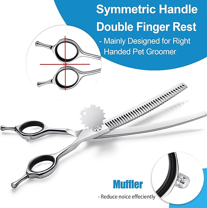 7" Upward Curved Dog Chunker Thinning Scissors Silver Dog Grooming Scissors Professional Blending Texturizing Trimming Shears for Dog Cat Pet Japanese Stainless