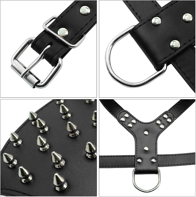 Leather Spiked Studded Harnesses, Collars & Leashes 3Pcs Matching Set for Medium & Large Dogs Pitbull,Mastiff, Boxer, Bull Terrier (Red, M)