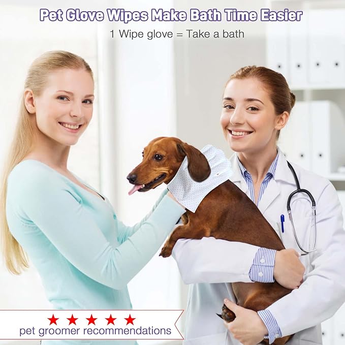 Dog Wipes 15 PCS Pet Cleaning and Deodorizing Bath Wipes for Dogs & Cats Rinse Free Grooming Gloves for Paws, Butt, Face and Fur