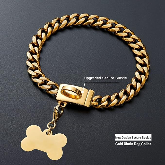 Gold Dog Chain Collar,18K Gold Plated Stainless Steel Cuban Link Chain Necklace Collar for Medium Large Dogs(Length - 20'')