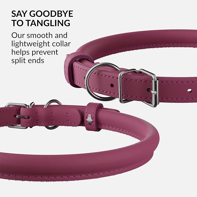 CollarDirect Rolled Leather Dog Collar, Soft Padded Round Puppy Collar, Handmade Genuine Leather Collar Dog Small Large Cat Collars 13 Colors (15-19 Inch, Pink Smooth)