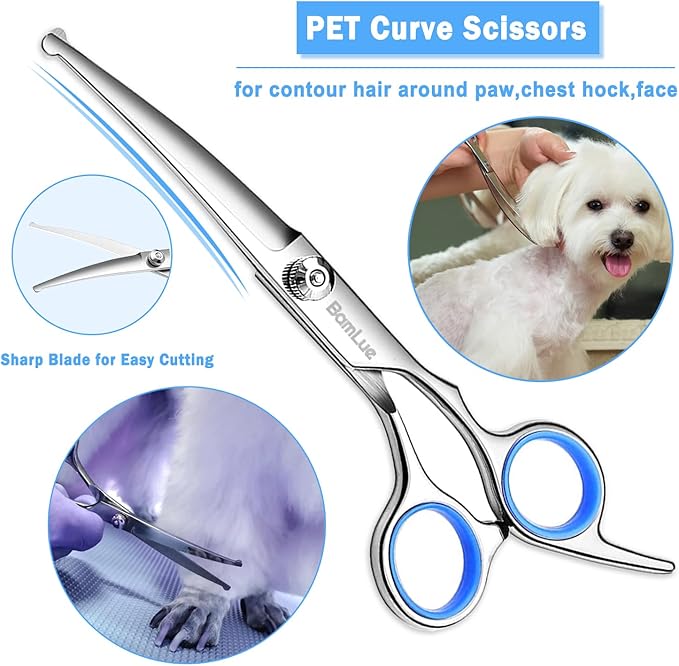 Bamlue 6 in 1 Professional Stainless Steel 4CR Safety Round Tip Dog Grooming Scissors, Anti-Rust Shears Cat Grooming Scissors Pet Kit, Thinning Straight Comb for Long Short Hair-Blue