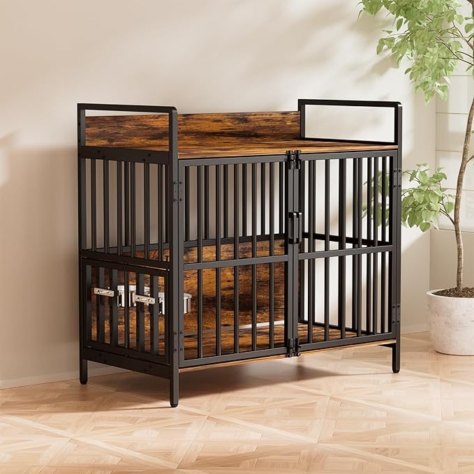 Large Dog Crate Furniture, with 360° Adjustable Elevated Feeder, Heavy Dog Furniture, Indoor Decorative Dog Kennel, Sturdy Metal Construction, 38" W×21" D×36" H, Rustic Brown Finish