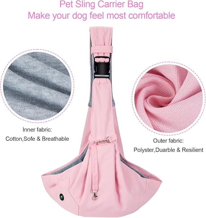OWNPETS Pink Pet Sling Carrier, Pet Sling Carrier Bag Safe,Fit 10~15lb Cats&Dogs, Comfortable, Adjustable, Perfect for Daily Walk, Outdoor Activity and Weekend Adventure