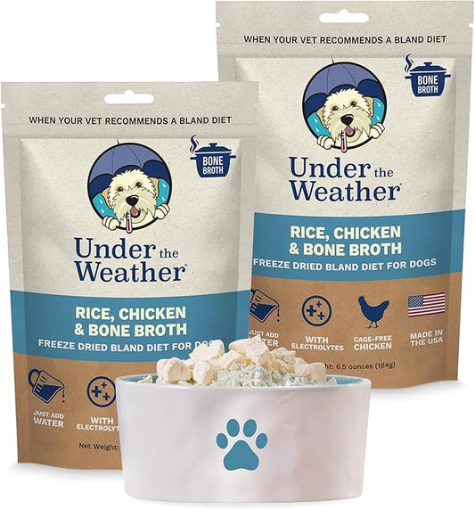 Under the Weather Bland Diet for Dogs | Easy to Digest for Sick Dogs |Always Be Ready| Contains Electrolytes - All Natural Freeze Dried 100% Human Grade Meats| 2 Pack- Chicken, Rice & Bone Broth - 6oz